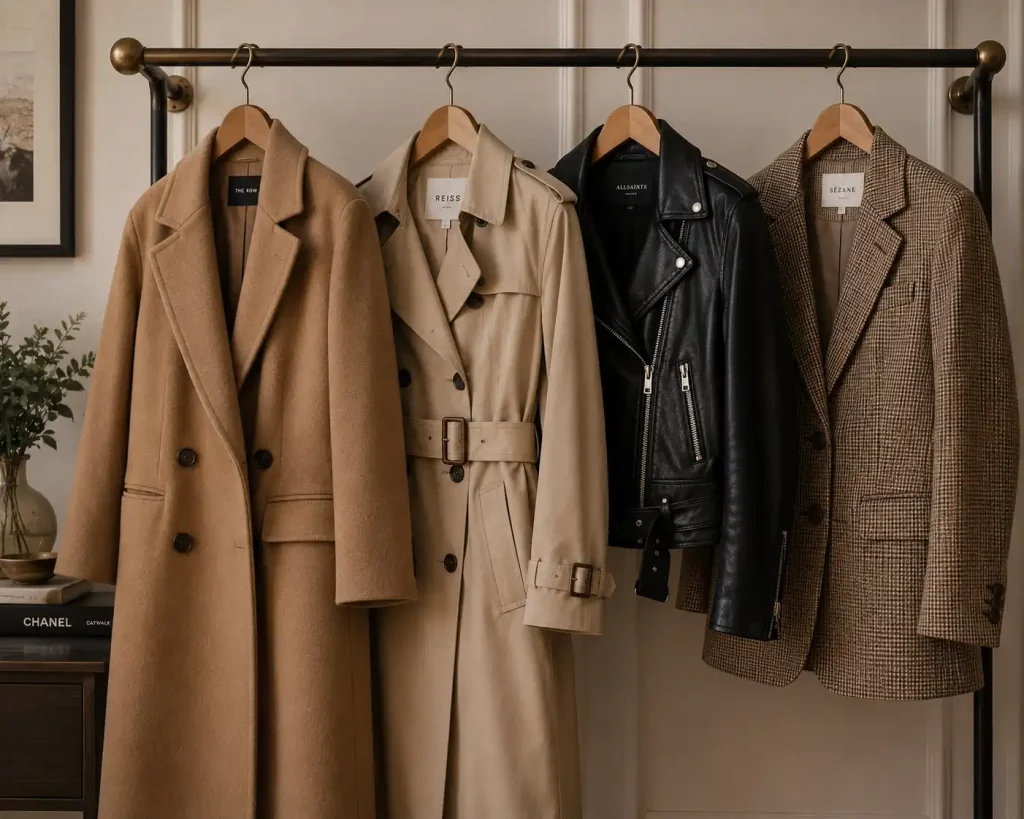 A curated selection of essential women’s outerwear including a trench coat, wool coat, and leather jacket.