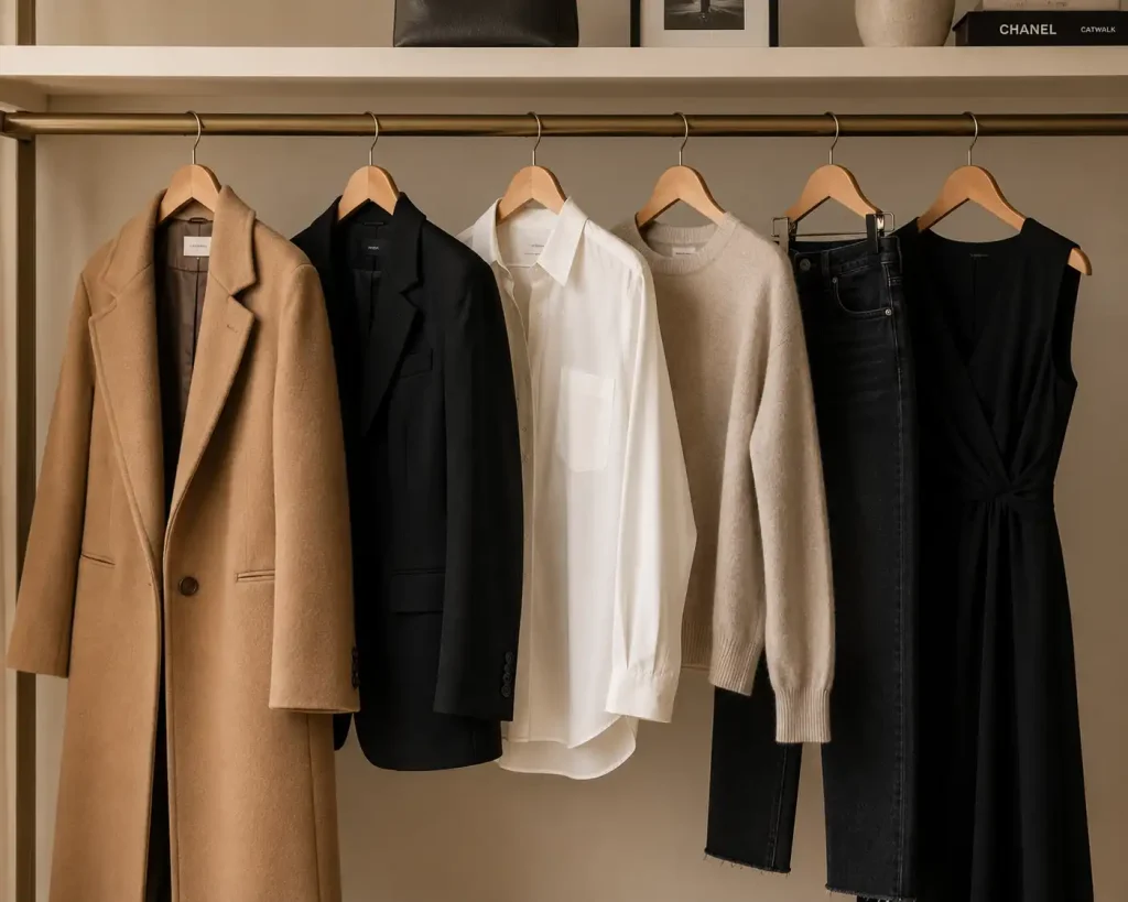 A minimalist wardrobe rail displaying essential women's fashion staples in neutral tones.