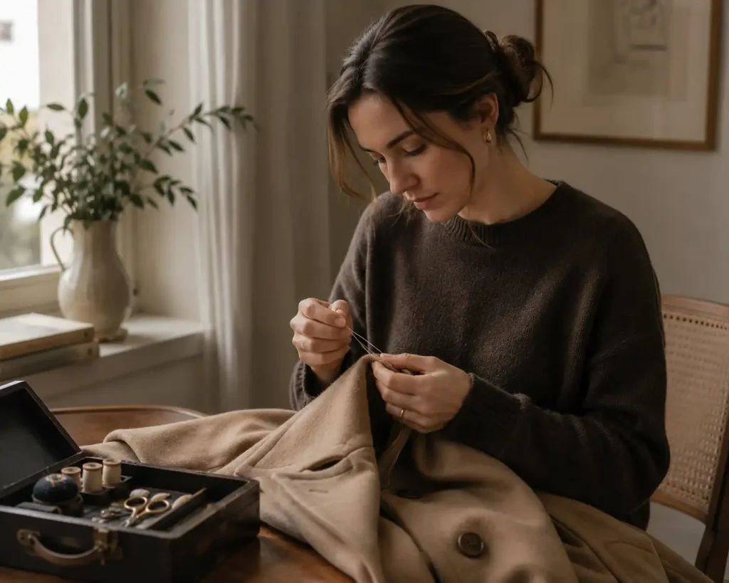 A woman repairing a garment, symbolizing sustainable fashion practices.