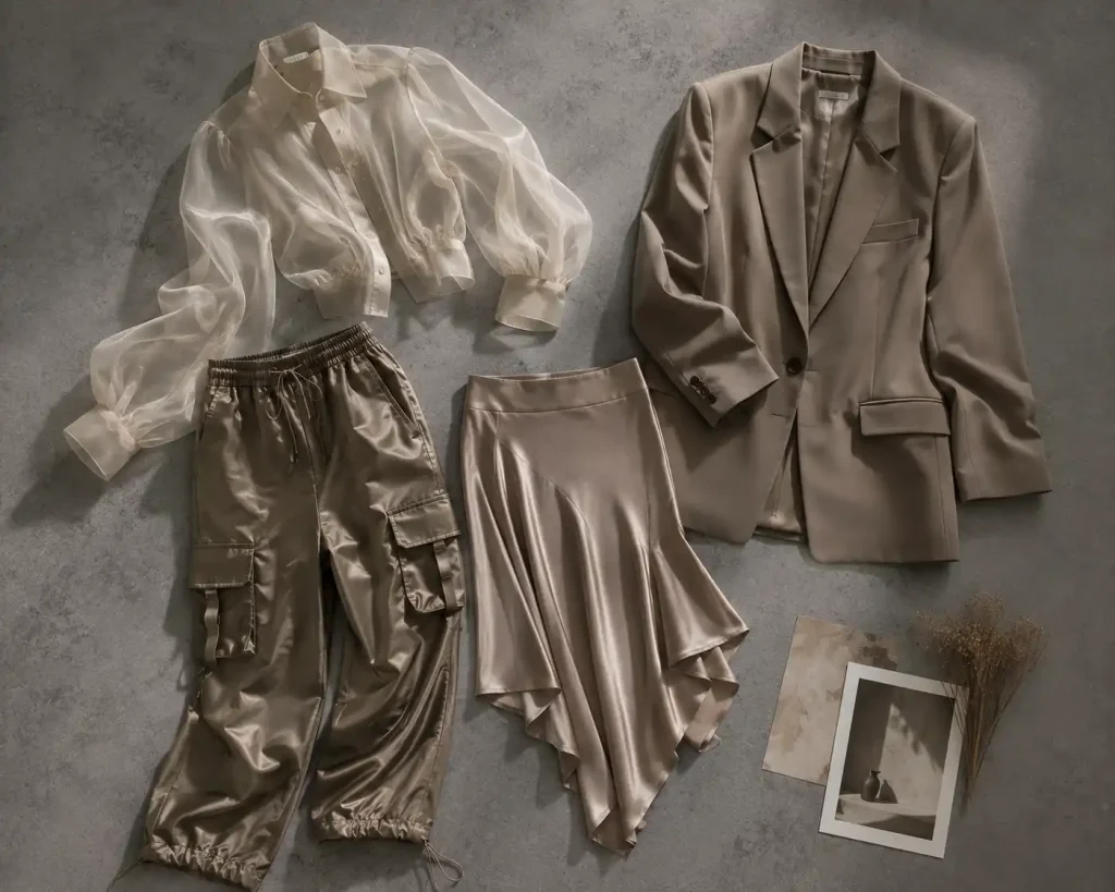 Key 2026 women’s fashion trend pieces including sheer layers and utility tailoring.