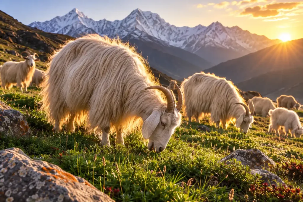 Cashmere goats grazing in the mountains where premium cashmere fibres originate