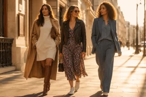 Diverse stylish women walking confidently, representing modern women's fashion in a city setting.