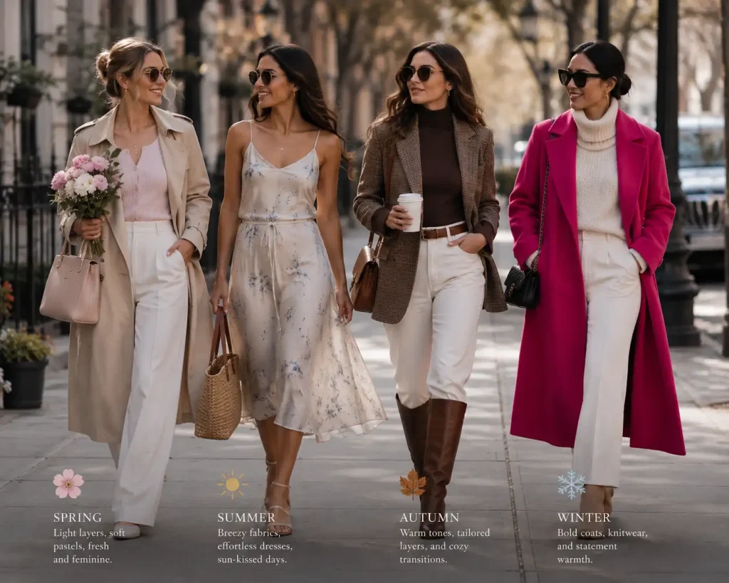 Four stylish women demonstrating seasonal outfit combinations for spring, summer, autumn, and winter.