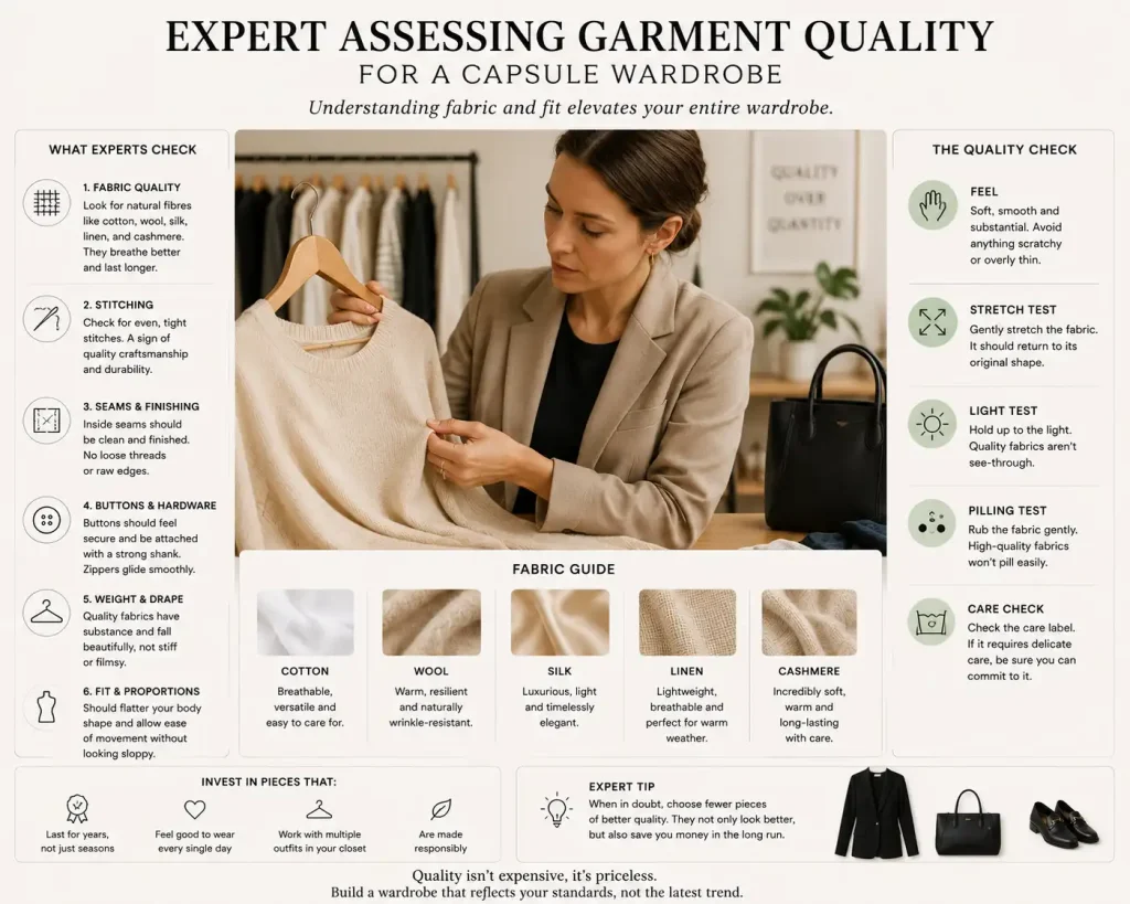 Expert assessing garment quality for a capsule wardrobe