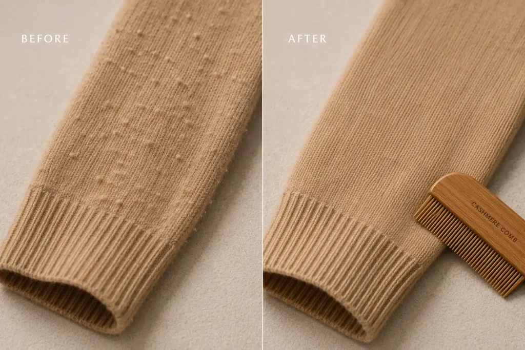 Cashmere sleeve before and after removing pilling