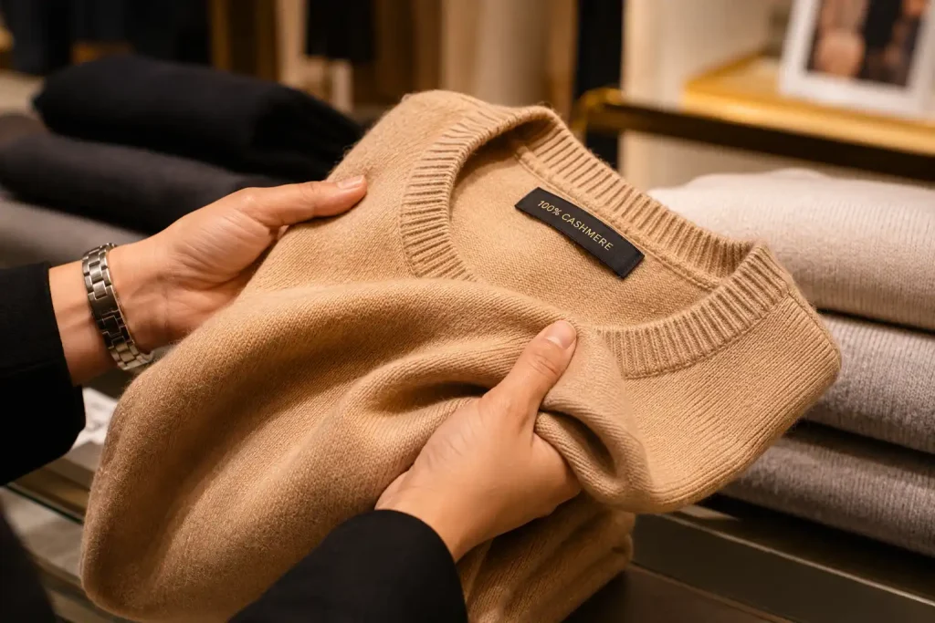 Inspecting the quality of a premium cashmere jumper before purchase