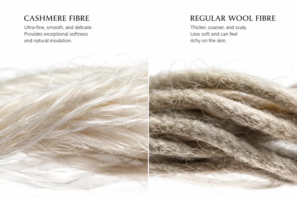 Close-up comparison of premium cashmere fibres and traditional wool fibres