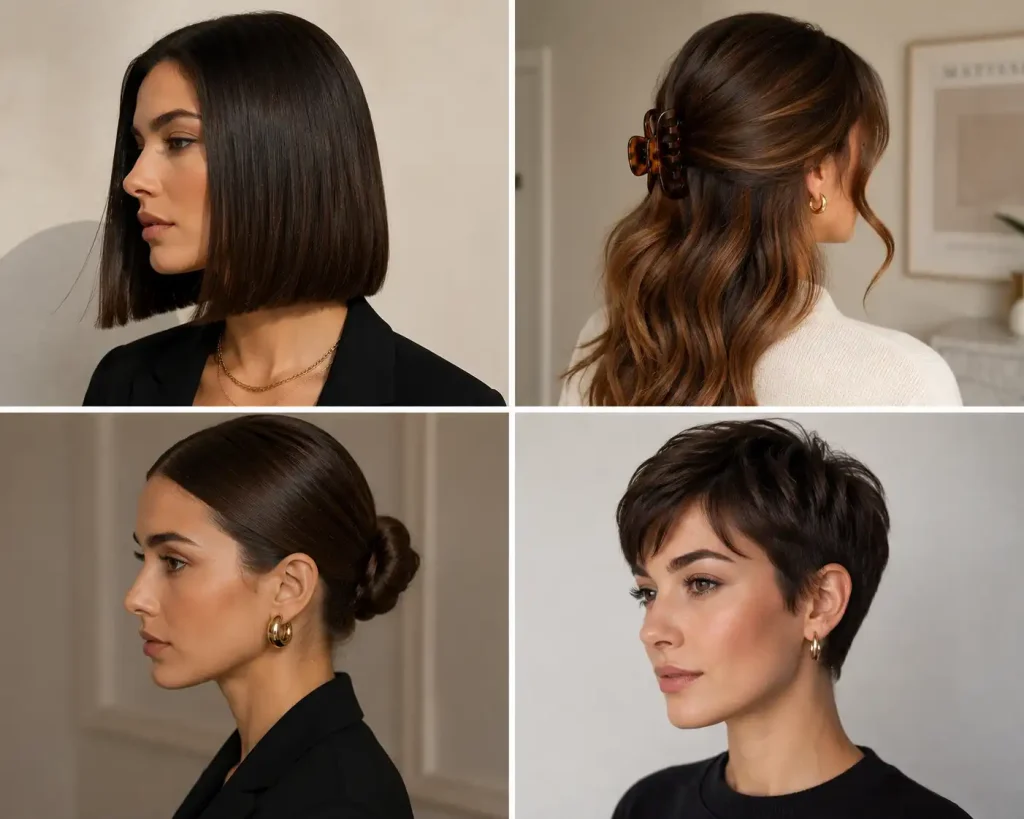 Various timeless women’s hairstyles including a bob, updo, and natural waves.