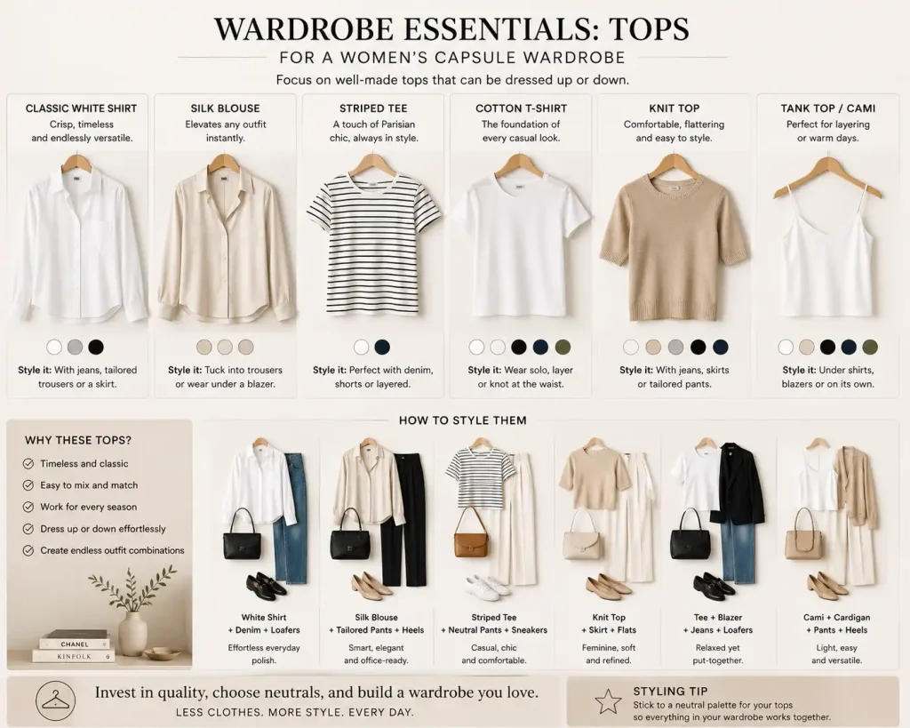 Focus on well-made tops that can be dressed up or down.