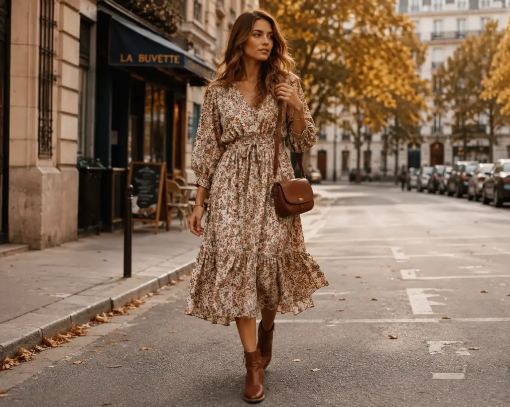 Woman styling a muted floral boho midi dress with ankle boots and a leather crossbody bag.