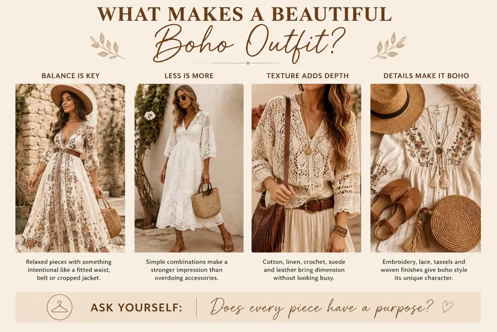 Infographic showing the key elements of a beautiful boho outfit, including balanced styling, natural fabrics, simple accessories and timeless boho fashion details.