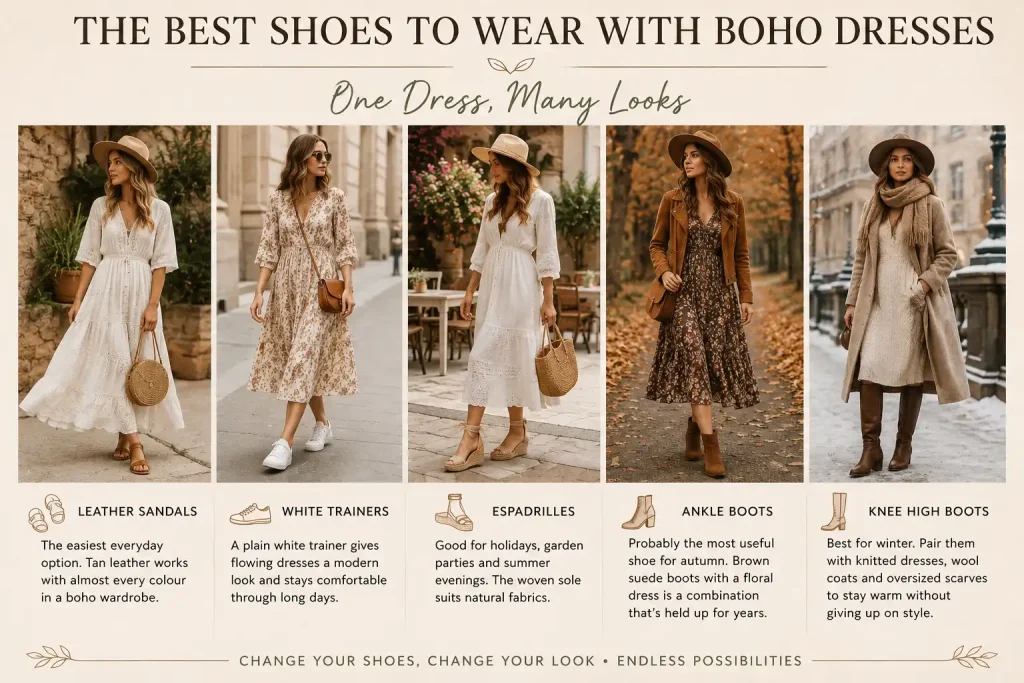 Comparison of the best shoes to wear with boho dresses, including leather sandals, white trainers, espadrilles, ankle boots and knee-high boots for every season and occasion.