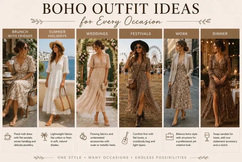 Boho outfit ideas for every occasion featuring stylish looks for brunch, summer holidays, weddings, festivals, work and evening dinners.