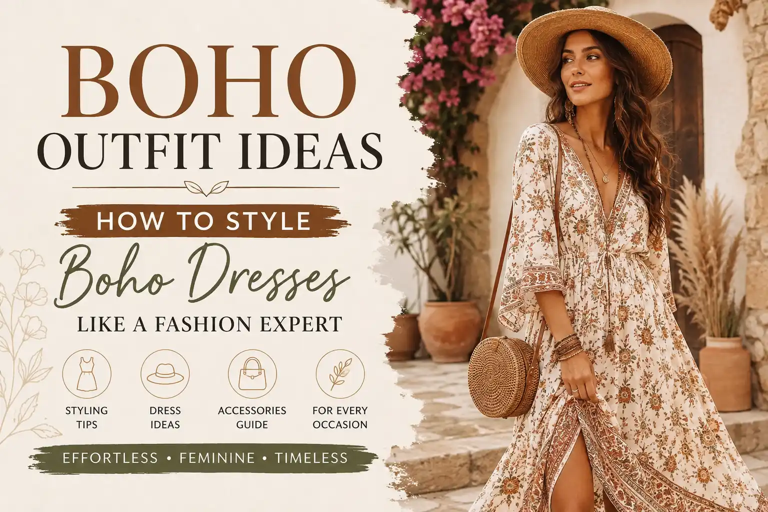 Woman wearing a cream floral boho maxi dress with a straw hat, woven handbag and layered jewellery, showcasing effortless boho outfit ideas for women.