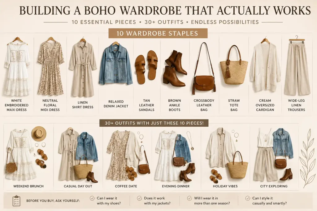 Boho wardrobe essentials featuring a white maxi dress, floral midi dress, linen shirt dress, denim jacket, leather sandals, ankle boots, woven tote bag and versatile outfit combinations.