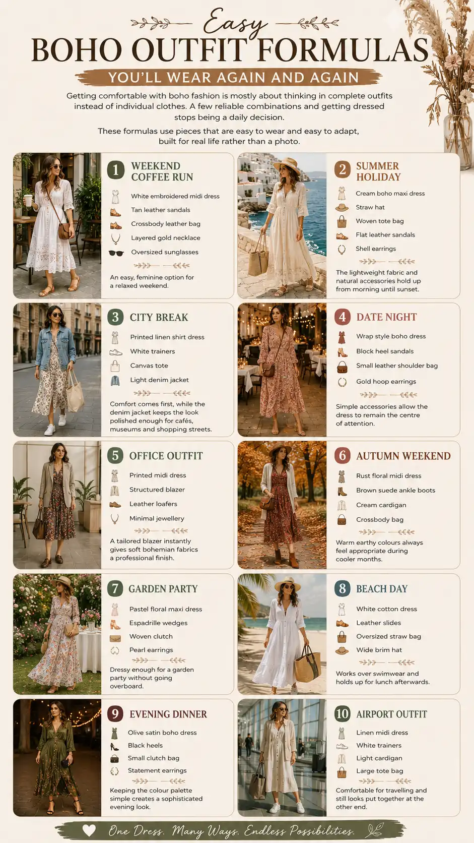Easy boho outfit formulas infographic featuring 10 stylish outfit ideas for coffee runs, holidays, city breaks, date nights, work, festivals, beach days and evening dinners.