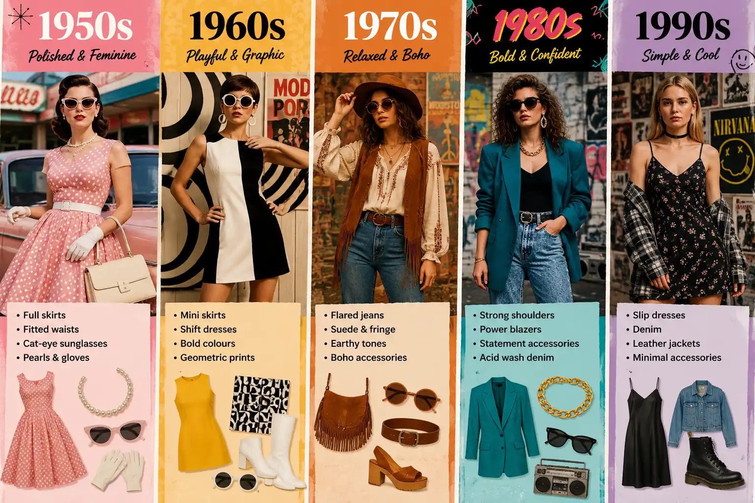 Retro chic style fashion collage showcasing 1950s, 1960s, 1970s, 1980s and 1990s fashion influences and vintage-inspired outfits