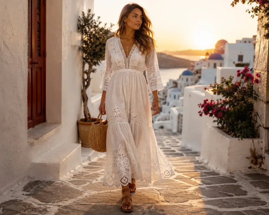 Woman wearing a white embroidered cotton boho maxi dress with leather sandals and a woven handbag.