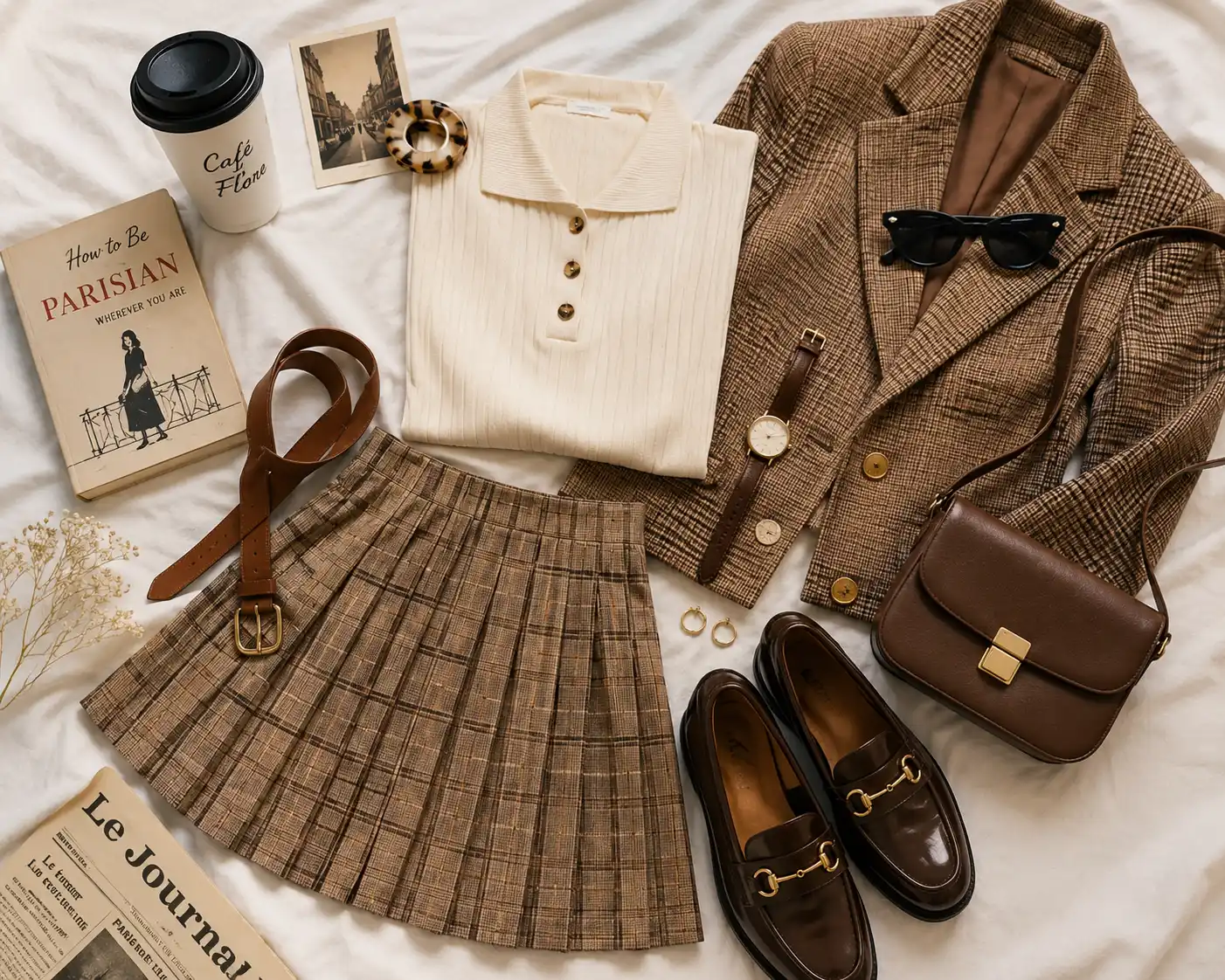 Retro chic style wardrobe flat lay featuring a pleated skirt, vintage-inspired blazer, classic loafers, sunglasses and timeless accessories