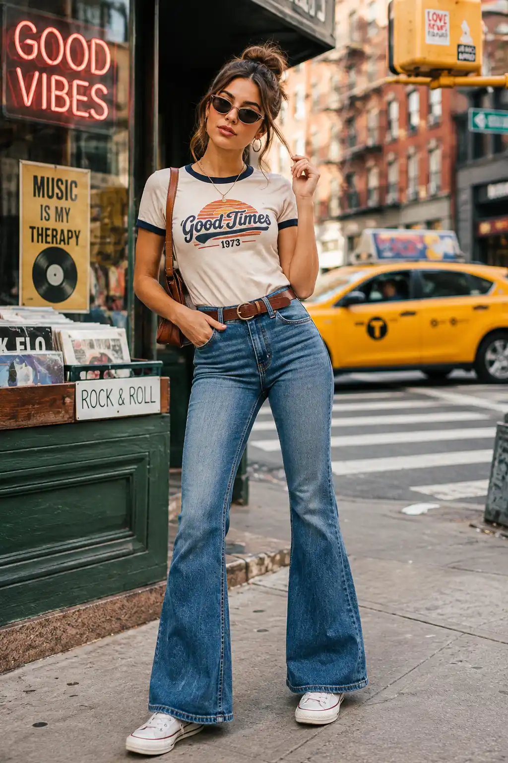 Modern retro chic street style outfit featuring flared jeans, a vintage-inspired graphic T-shirt, sunglasses and classic accessories