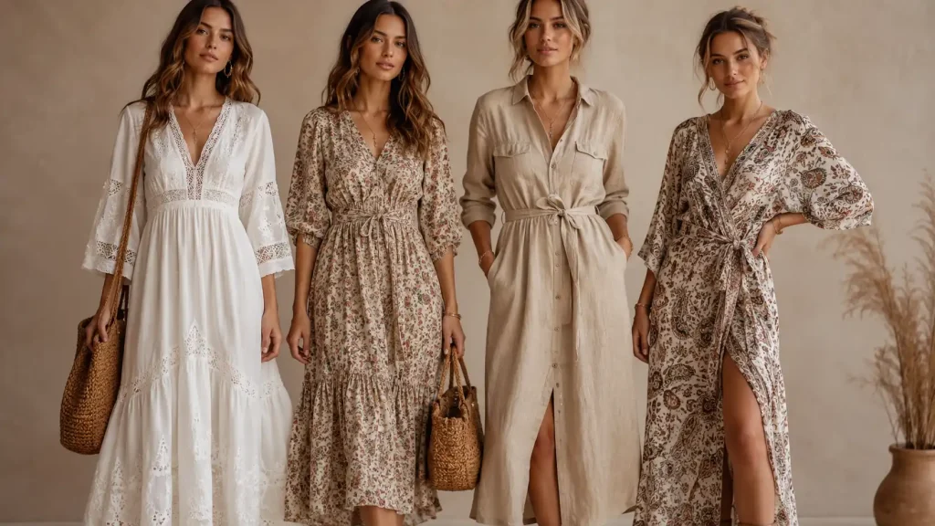 Four timeless boho dresses including a white maxi dress, floral midi dress, linen shirt dress and wrap dress for a versatile women's wardrobe.