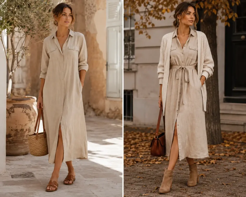 Linen shirt dress styled casually for summer and layered for autumn with a cardigan and ankle boots.