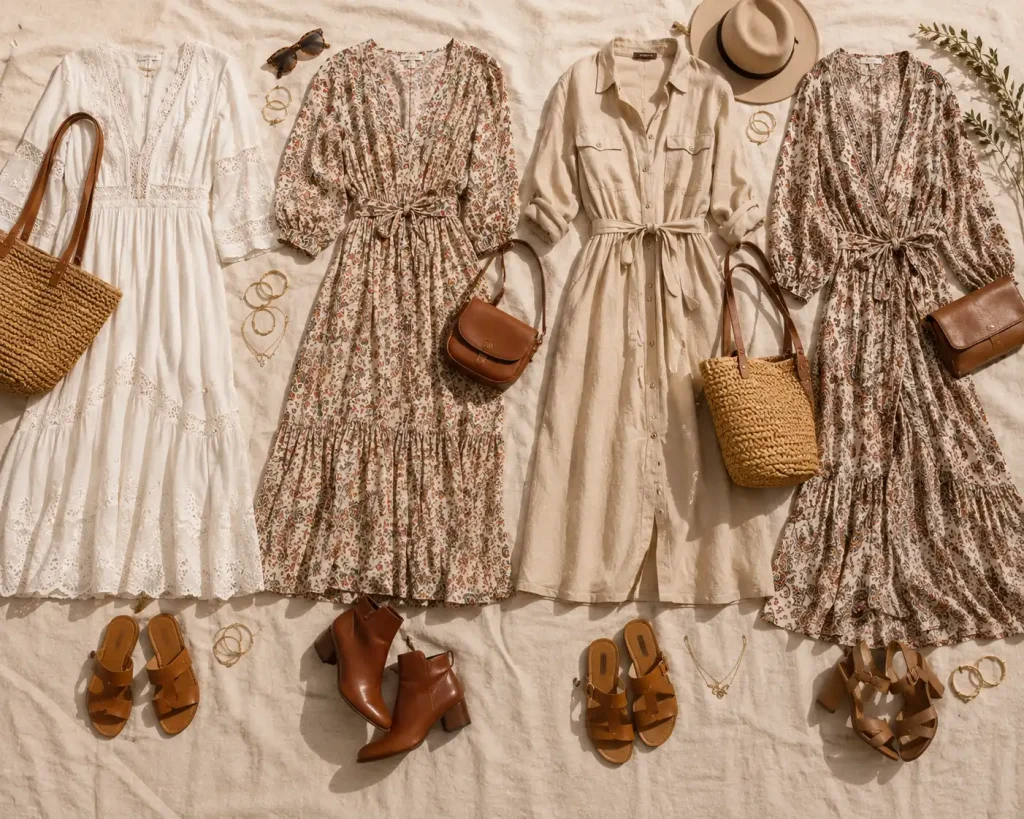 Essential boho dresses with matching shoes, handbags and accessories arranged as a complete wardrobe guide.